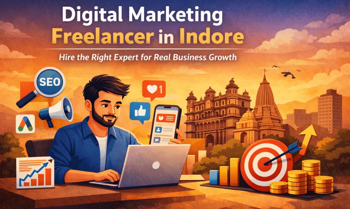 A digital illustration showing a digital marketing freelancer in Indore working on SEO, social media marketing, and performance-driven strategies to help local businesses grow online.