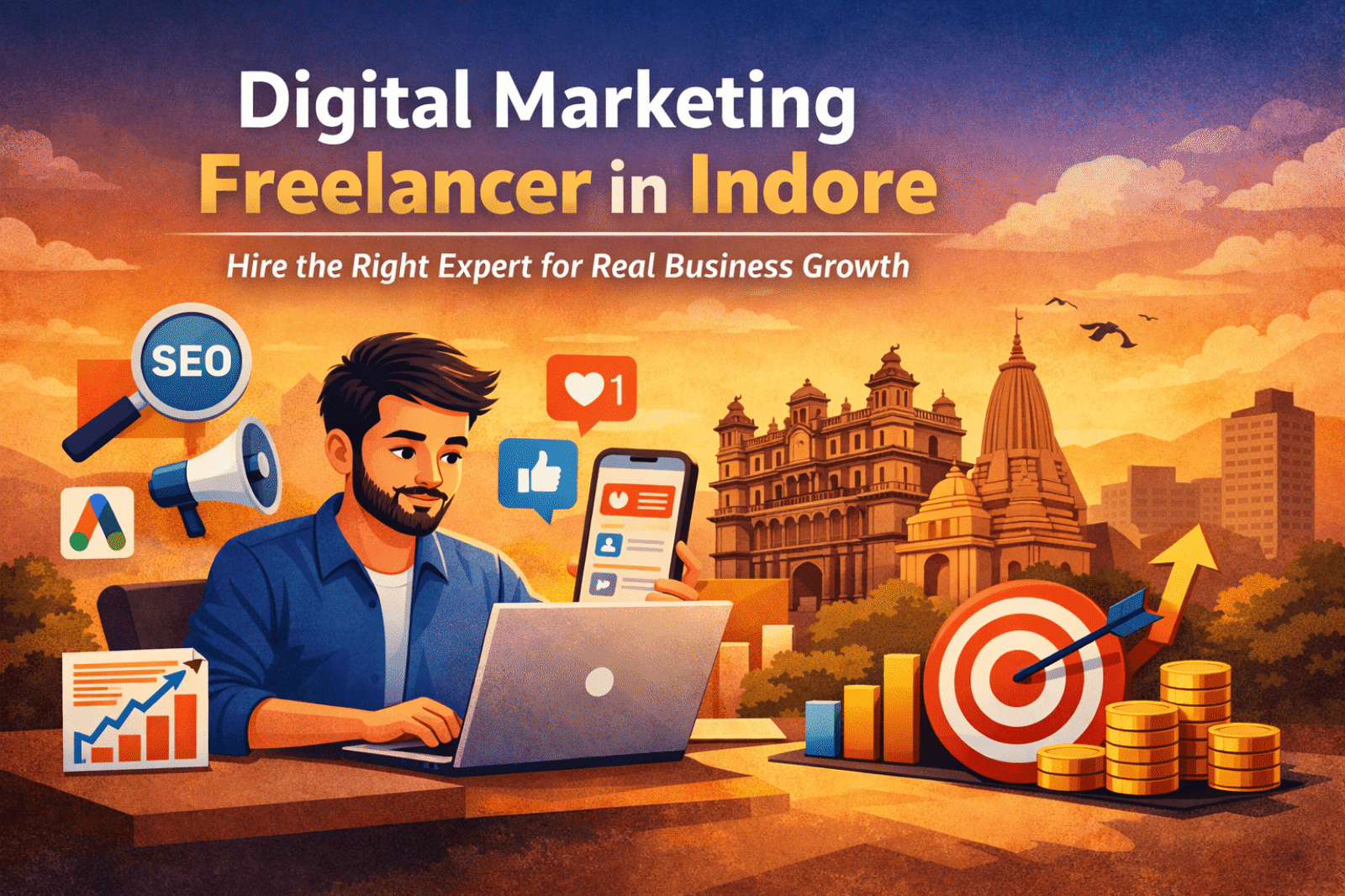 A digital illustration showing a digital marketing freelancer in Indore working on SEO, social media marketing, and performance-driven strategies to help local businesses grow online.