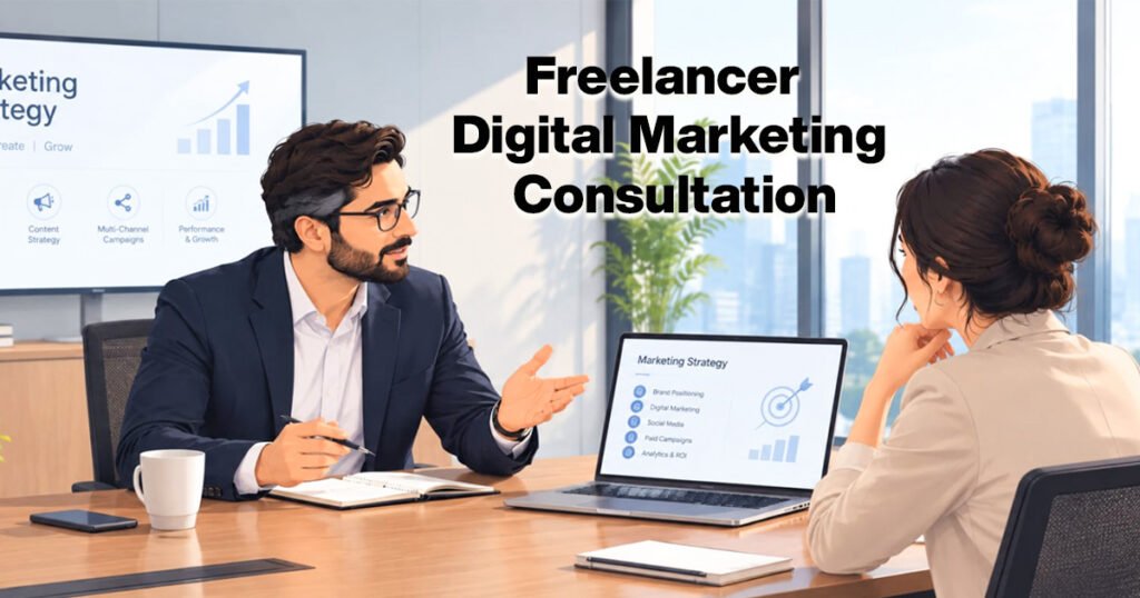 Business owner discussing digital marketing strategy
